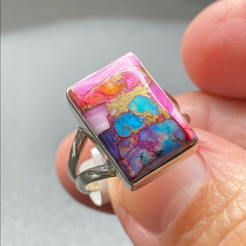 Kingman Pink Dahlia Turquoise Ring Size 8 in Solid Sterling Silver 925 - Picture 1 of 6